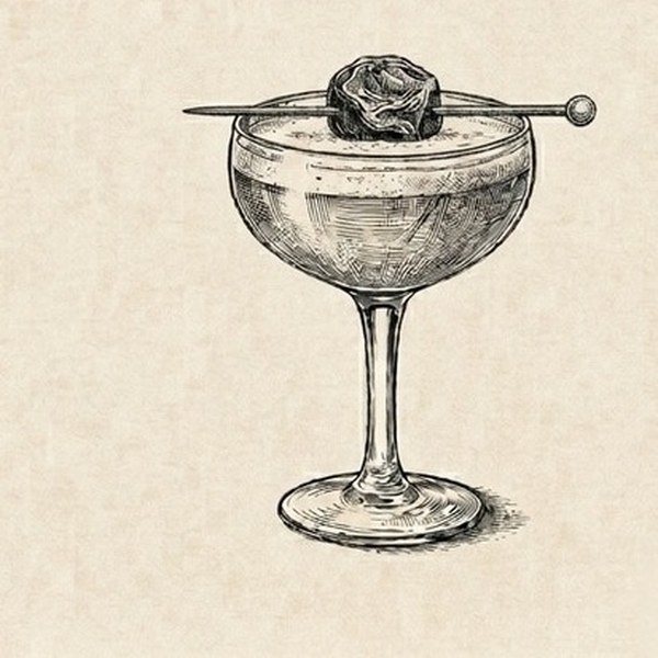 Ume Sour cocktail in a coupe glass with skewered plum garnish